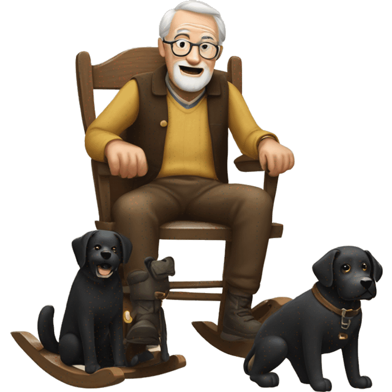 Old man in wooden rocking chair with black Labrador at his side emoji