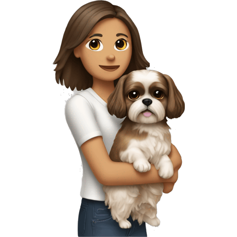 Brunette holding as tan shih tzu in her arms emoji