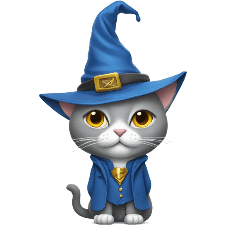 Gray cat with a wizard hat and wearing a blue suit emoji