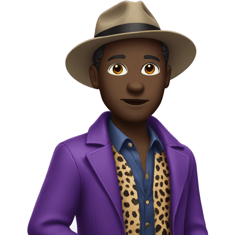 black man with a fedora, cane, and purple cheetah jacket  emoji