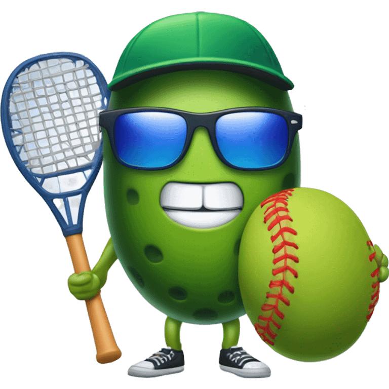 pickle with legs, wearing a jersey, mouth smiling, wearing baseball cap, holding a solid red paddle ball racket, blue backgound, wearing sunglasses emoji