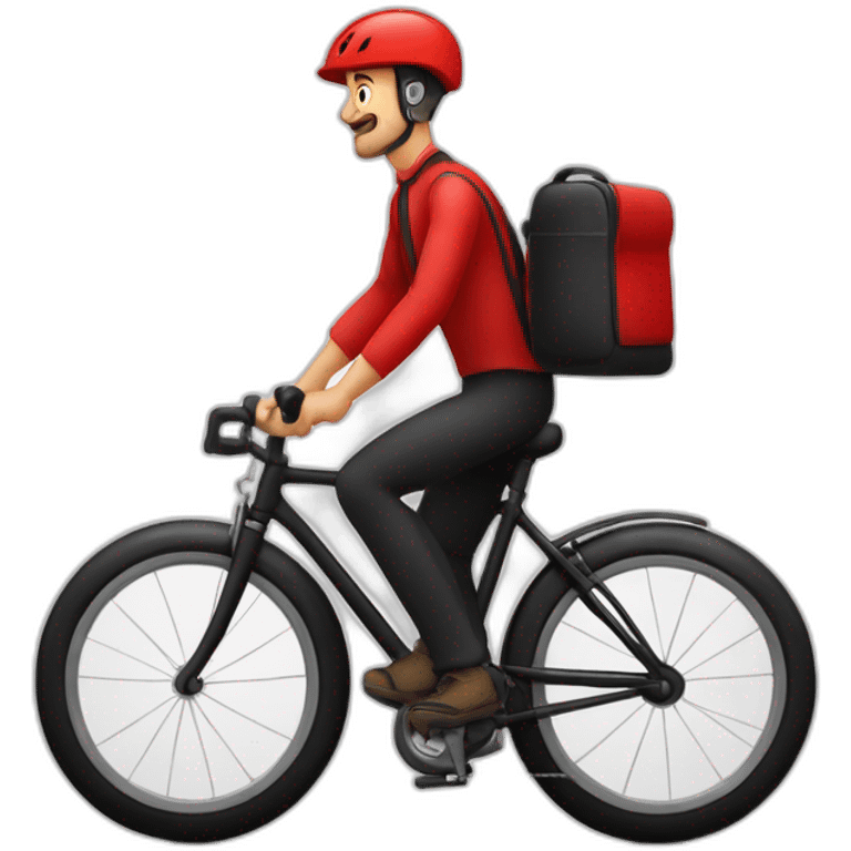 Homme en tenue rouge sur un vélo noir vélo avec un sac rouge cubique, carré emoji