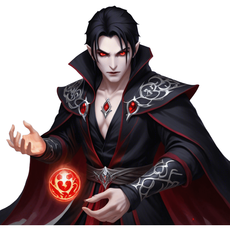 Cinematic Realistic WoW Vampire Mage Portrait, captured in a dynamic, battle-ready pose as he unleashes a torrent of arcane energy. His pallid skin and sleek dark hair contrast sharply with the flowing black robe adorned in silver filigree and glowing runes, while his crimson eyes radiate unyielding power. Rendered with intense, lifelike texture and dynamic, eerie lighting, high shine, embodying the fierce, relentless spirit of a dark sorcerer. emoji