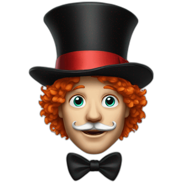 Mad hatter with red hair wearing a black hat with a red ribbon and a red mustache emoji