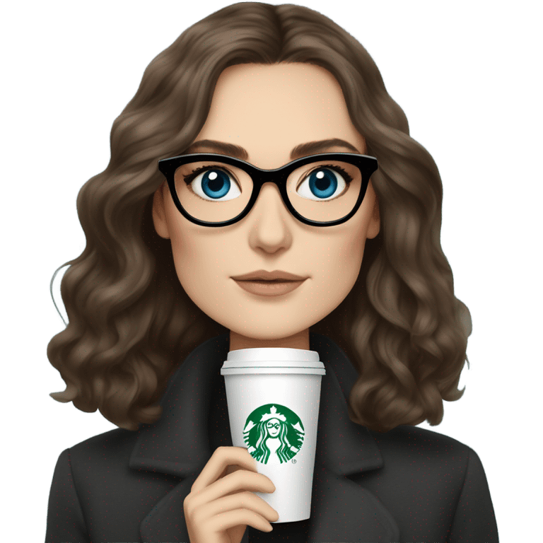  ⁸lHyper Realistic Photo keireav Knightly wearing black glasses and blue eyes holding Starbucks  emoji