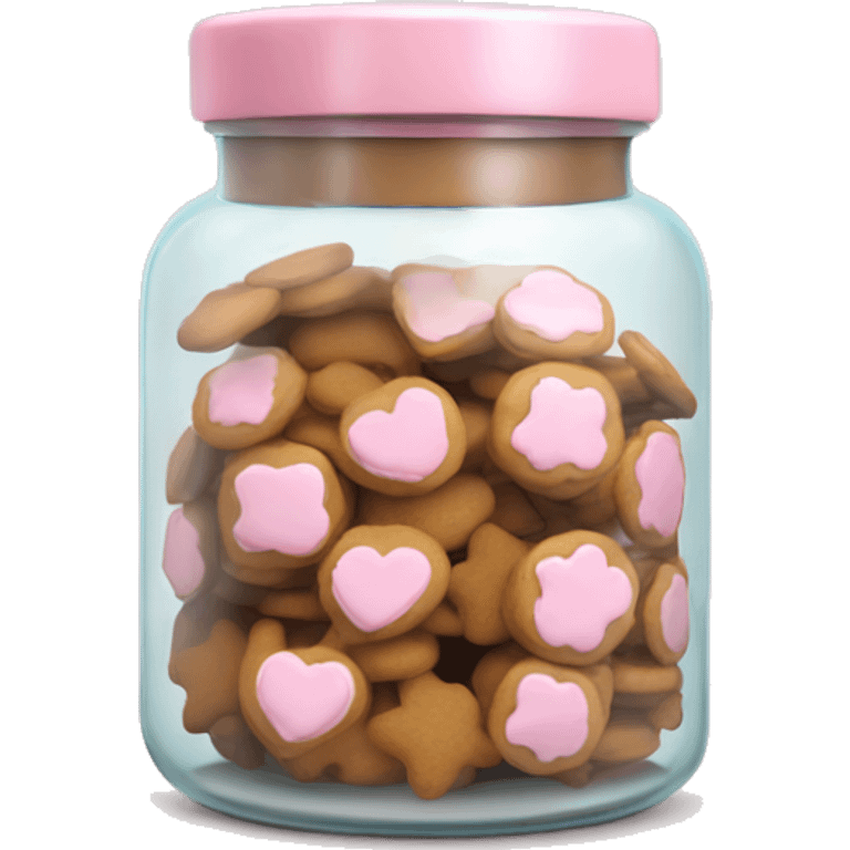 Realistic glass cookie jar with light pink lid full of gingerbread cookies isolated.  emoji