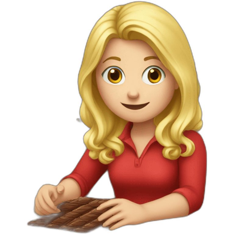 Girl, blonde hair, wearing red shirt, sitting at a wood desk, wrapping chocolate candies emoji