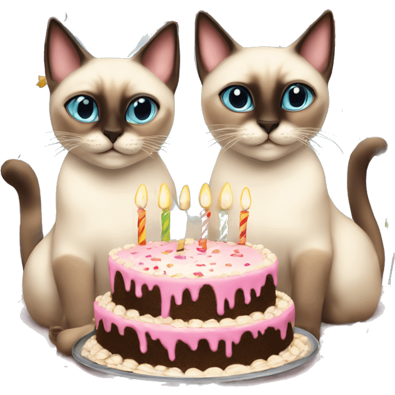 two siamese cats at a birthday party eating cake emoji