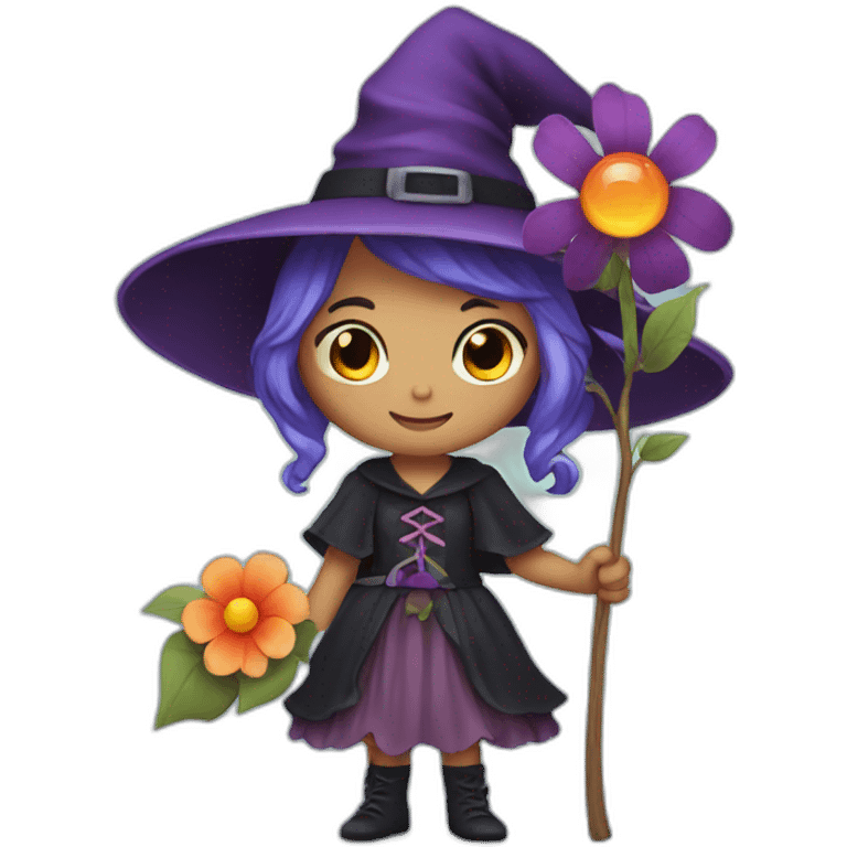 a cute little witch with a flower in her hand. emoji