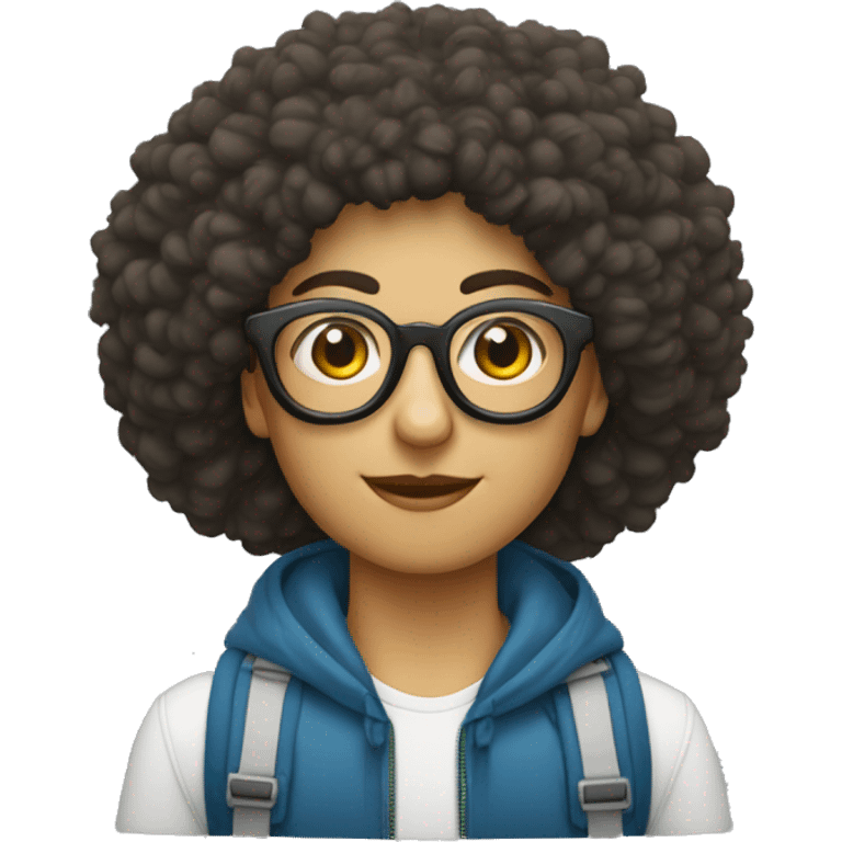 una persona blanca con afro corto y lentes con mochila emoji