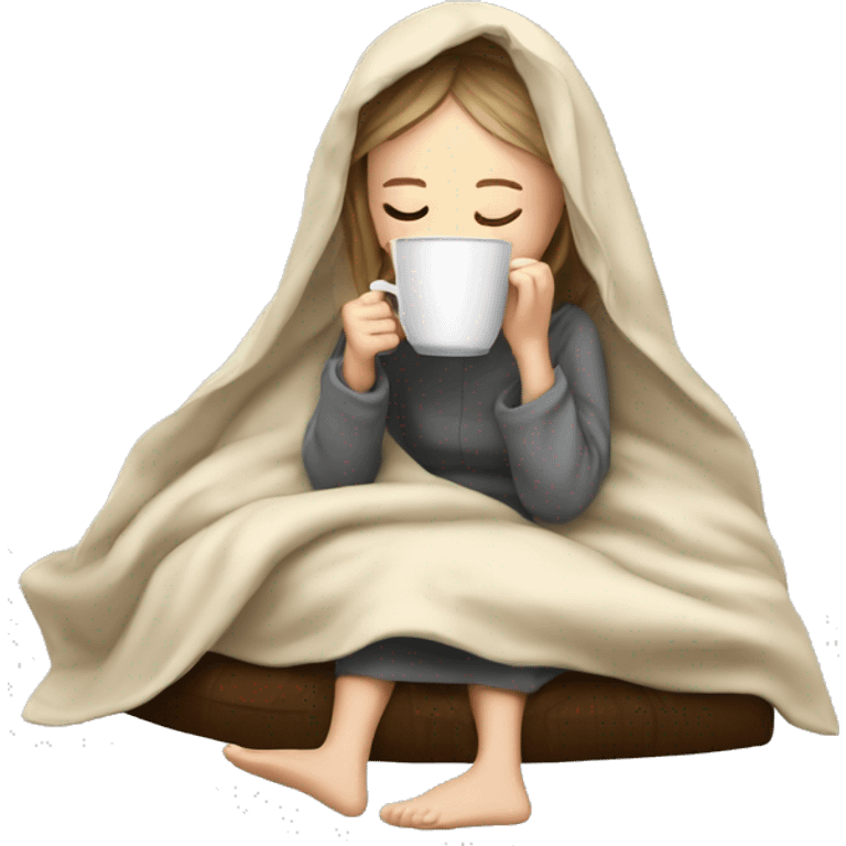 white girl inside a blanket sipping coffee eyes closed emoji