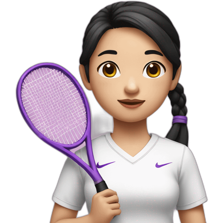 a little chinese girl wearing a white nike shirt with two pig tails black hair style holding a purple tennis racket to her chest emoji