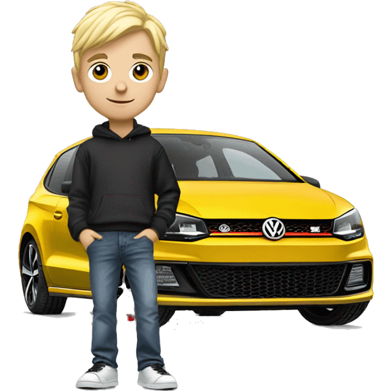 Blonde boy standing with Volkswagen polo GTI with gold alloys emoji