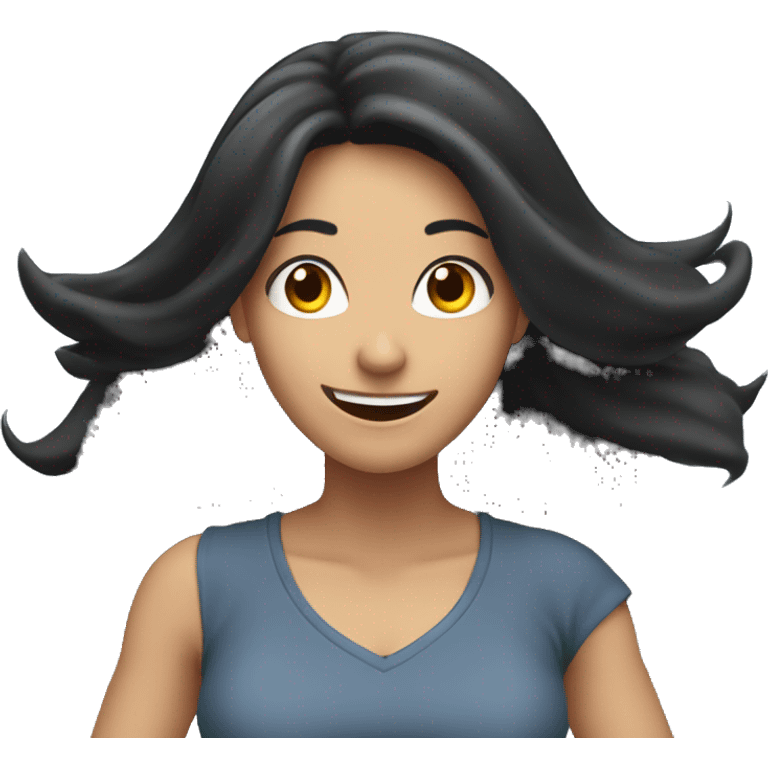 excited woman with long black hair with arms raised above head emoji