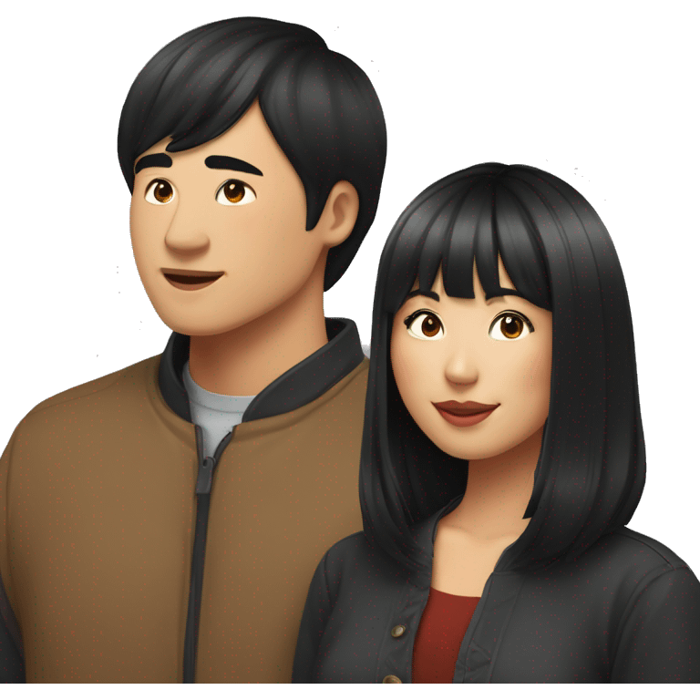 asian woman with black shoulder length hair and bangs kissing asian man with short black hair smiling emoji