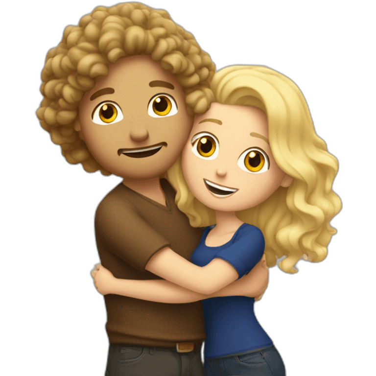 White Man with long dark curly hair hugging a blonde curvy woman emoji