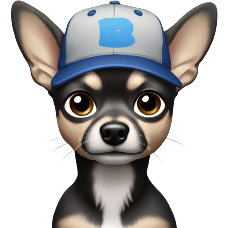 Handsome man with blue eyes, wearing ball cap, with grey hair and goatee beard, holding all black long haired chihuahua emoji