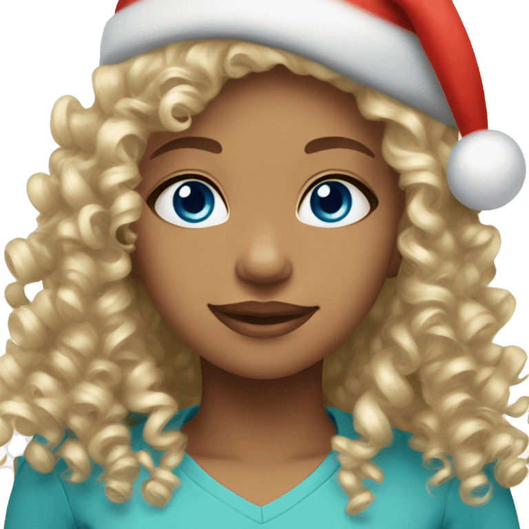 Light skin blue eyes Curly girl wearing Christmas hat emoji