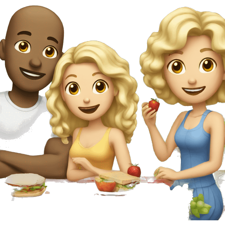 bald man, woman with blonde curls and woman with brown hair on a picnic emoji