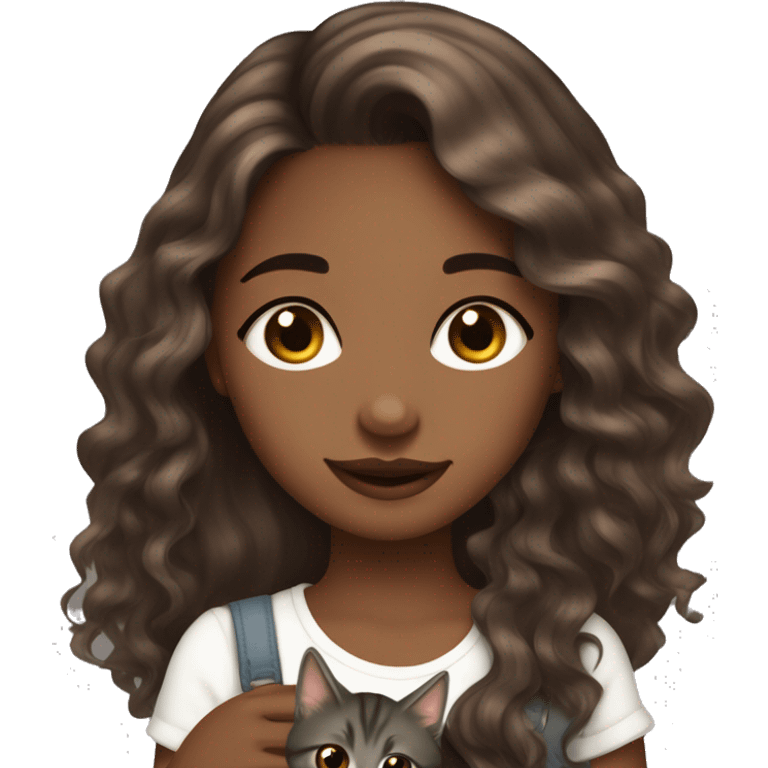 pretty brown skinned girl with long brown wavy hair long eyelashes and a chin dimple holding a dark gray kitten  emoji