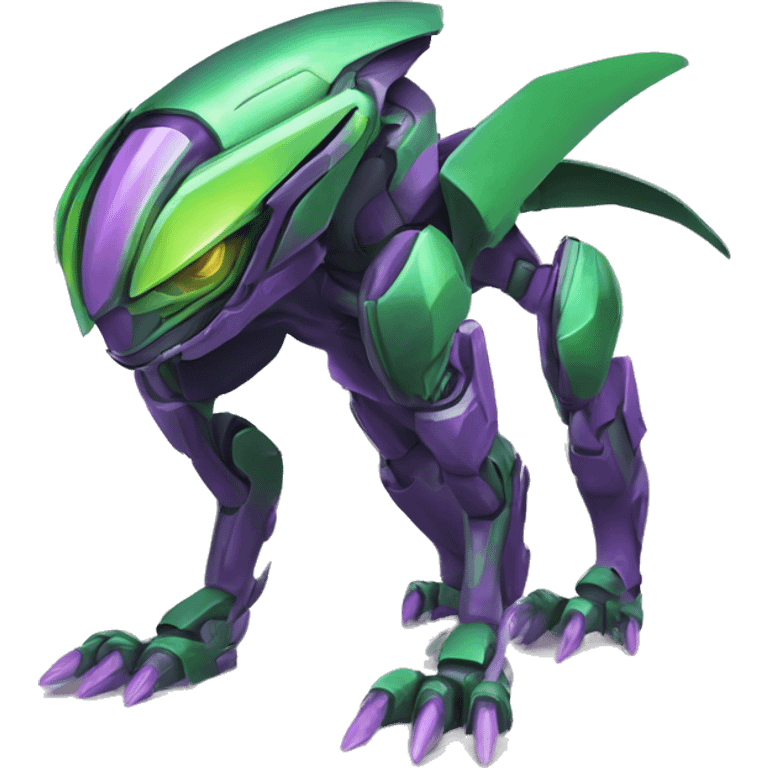 a purple-green Genesect-Raptor-Fakémon—hybrid with a futuristic visor-helmet full body emoji