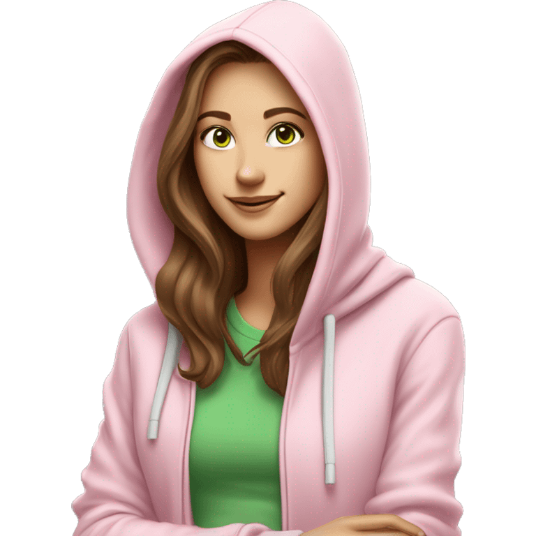 a girl with brown long hair, fair skin, green eyes, works relaxed and smiling at a modern laptop in a monochrome pale pink zip hoodie with a hood and a pink monochrome T-shirt emoji