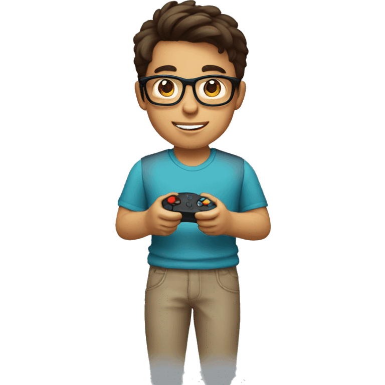 light Hispanic boy with brown hair and glasses holding a gaming remote emoji