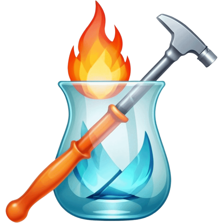 Glassworking icon, piece of glass being shaped with tools, glass cutter, flame for glassblowing, smooth edges, sparkling texture, minimalistic style, clean lines, transparent background. emoji