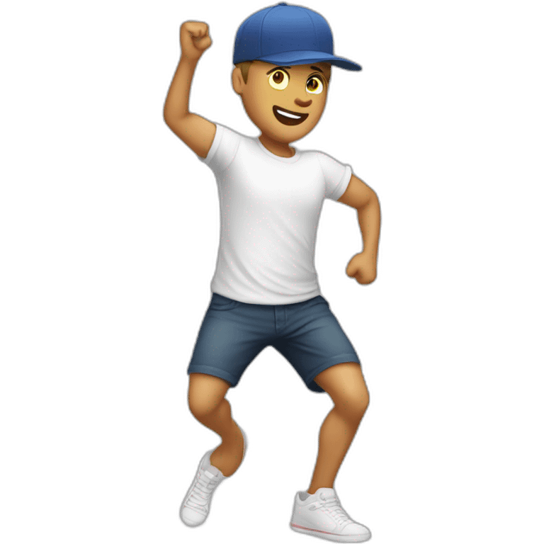 white man, t-shirt, cap and short shorts, dancing emoji