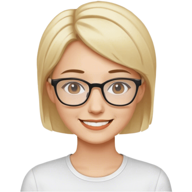 Mujer sonriendo con camisa blanca, color de cabello rubio, cabello corto, color de piel blanca, con gafas emoji