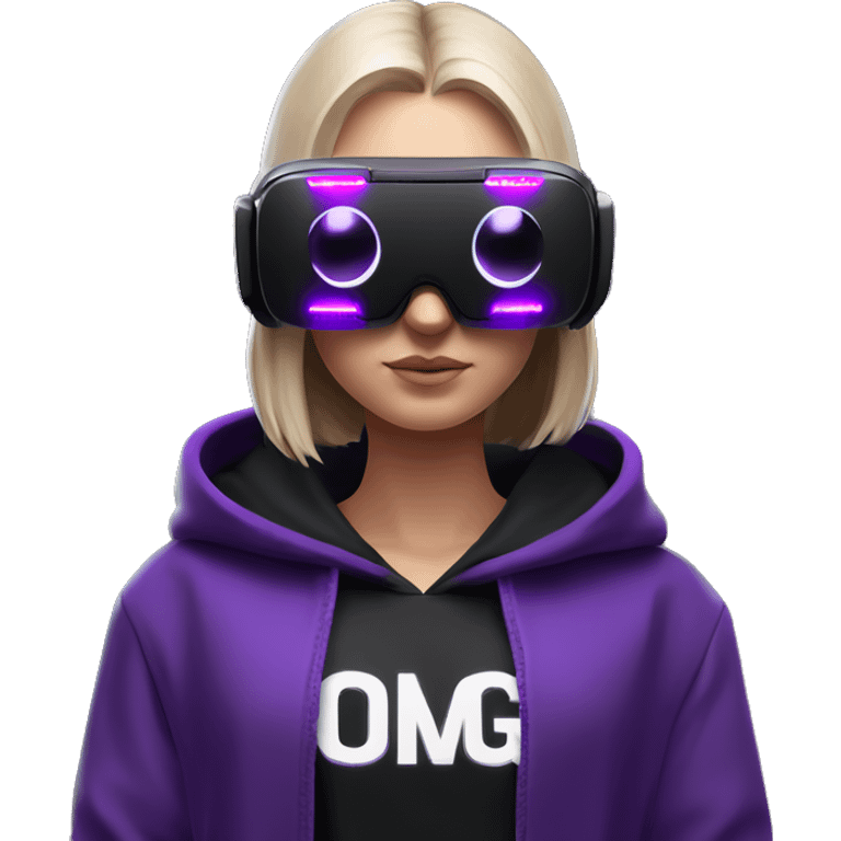 Russian girl wearing black hoody with violet letters "OMG", in vr headset oculus quest2. Standing like jedi. Cyberpunk style. Violet neon. emoji