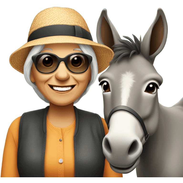 smiling younger grandma with hat and sunglasses outdoors with a donkey emoji