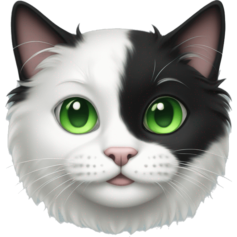 Fluffy tuxedo cat with green eye emoji