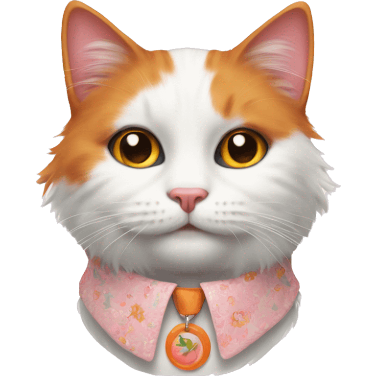 fluffy white and orange cat wearing a thin pink floral collar emoji