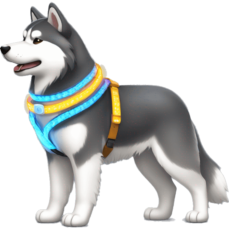 Alaskan malamute wearing led belt emoji