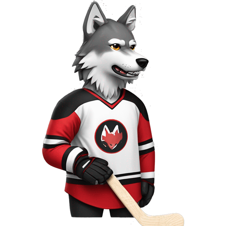 A wolf in a red black and white hockey uniform with a wolf emblem emoji