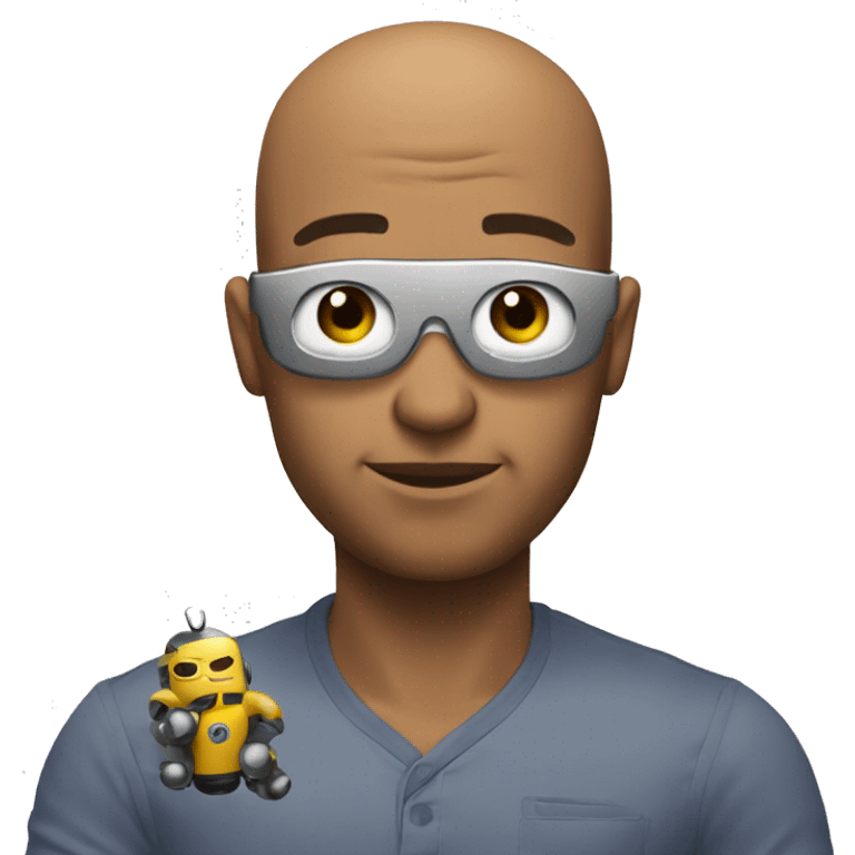 A man rubbing a toy robot against his bald forehead emoji