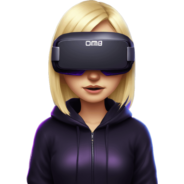 Russian cute blond girl wearing black hoody with violet letters "OMG", in vr headset. Cyberpunk style. Violet neon. emoji