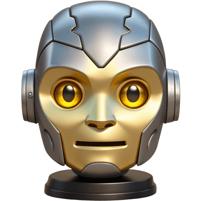 Cinematic Cute Mighty Iron Golem Portrait Emoji Head tilted playfully and inquisitively, featuring a sleek yet sturdy metal form with smooth, polished steel plating and glowing golden engravings, accented by faintly humming energy veins that pulse with life; rendered with lifelike clarity and soft, natural reflections, high shine, charming yet robust, styled with a touch of whimsical fantasy, soft glowing outline, capturing the essence of a watchful yet endearing golem, as if it might shift its massive head with a slow, thoughtful nod at any moment! emoji