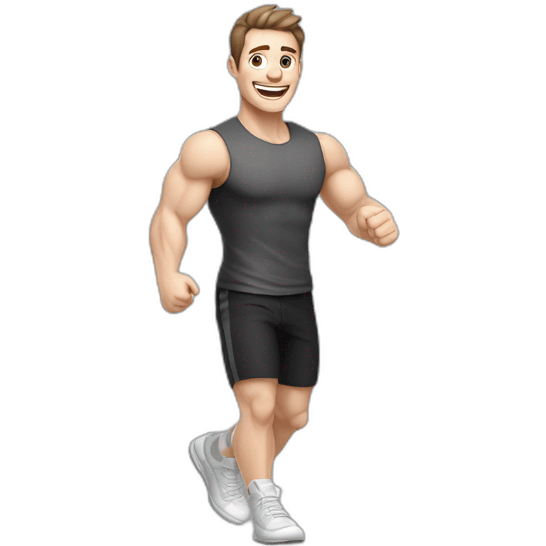 Joyful Celebrating victory Pale skinned Fit Man With the biceps and dark brown hair in black shirt, gray sports shorts and white Sneakers emoji