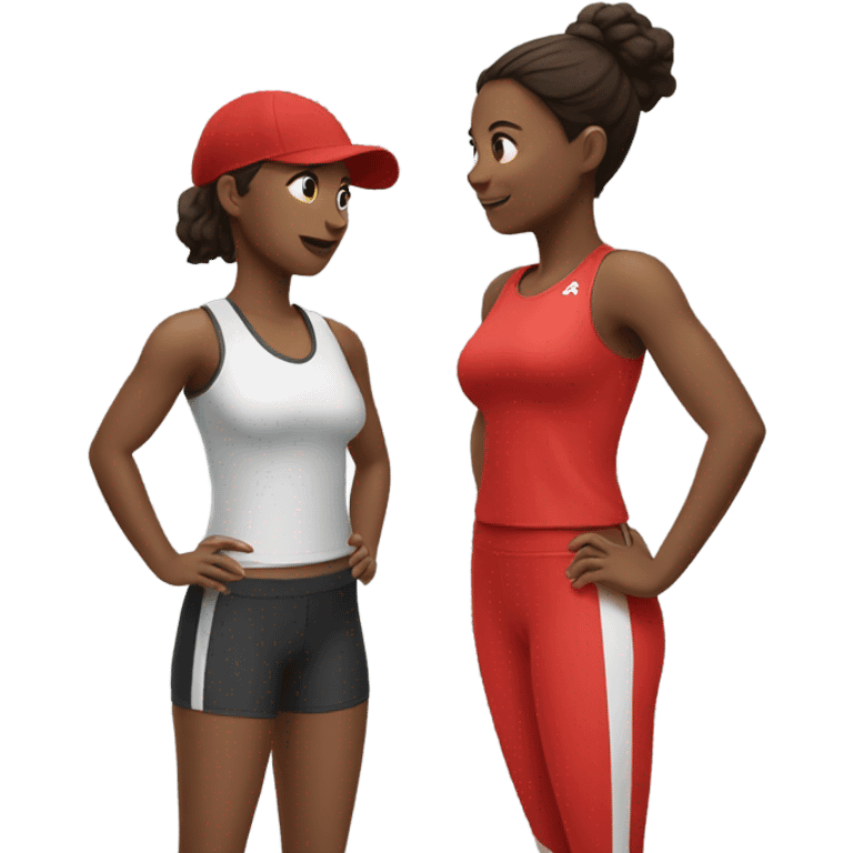 2 woman in sportswear talking, one is red color emoji