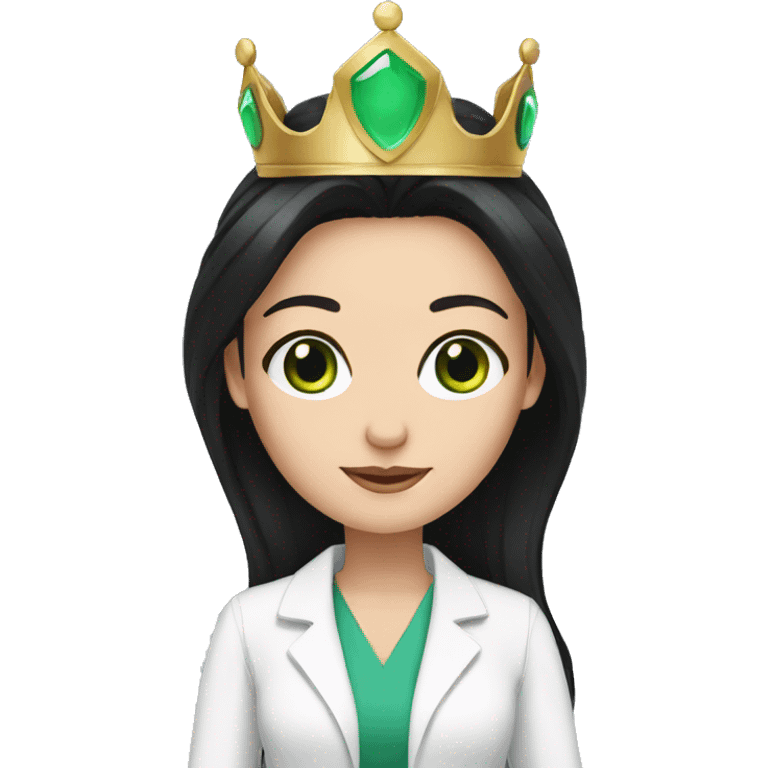 White Female doctor green eyes long black hair and a crown emoji