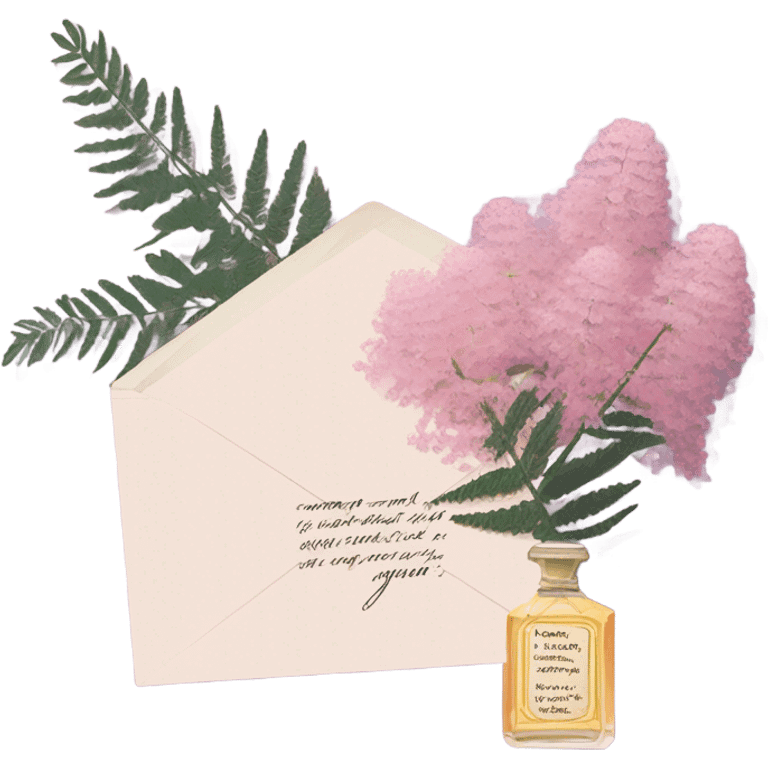 Aesthetic still life of soft pink mimosa flowers, a vintage-style purple perfume bottle, and a love note delicately placed in an envelope.
 emoji