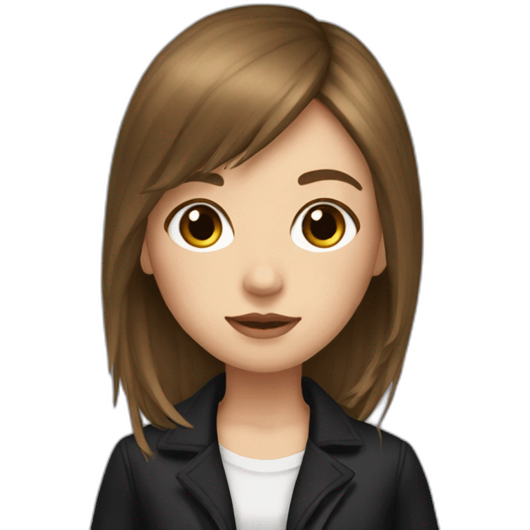 Girl with black jacket , brown long hair ,curtain bangs ,white girl  emoji