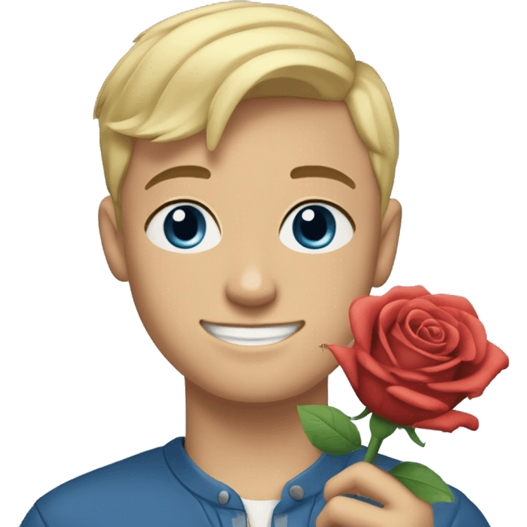 blonde-haired 18-year-old boy, buzz cut hair, blue eyes, blue top, blue background, holding a rose  emoji