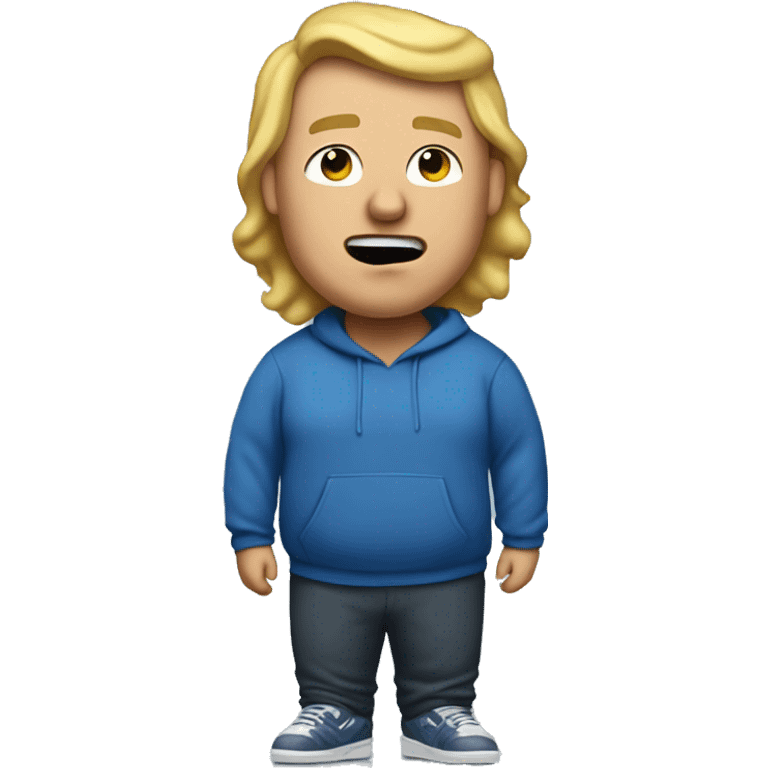 fat blonde man in dirty blue sweatsuit with chili cheese fries in his mouth emoji