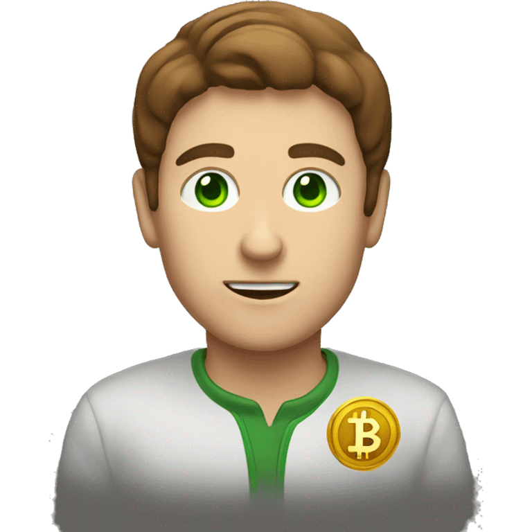 A man with green eyes, brown hair, holding bitcoin emoji