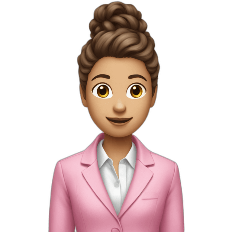 long brown curly pony tail girl wearing pink suit number one finger emoji