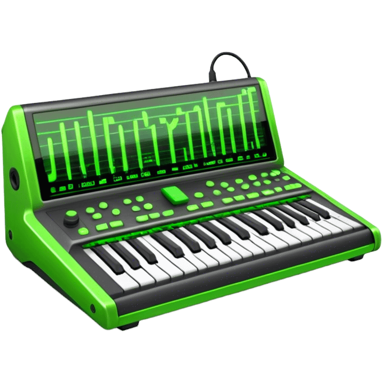 Create a creative and technical emoji that represents sound design. The design should feature a sound mixing console, audio waveforms, and sound effects icons (like a reverb or delay knob) to symbolize the manipulation and crafting of sound. Add elements like a synthesizer or audio interface to reflect the electronic aspect of sound creation. Use colors like neon green, blue, or purple to represent the innovative and experimental nature of sound design. The background should be transparent. emoji