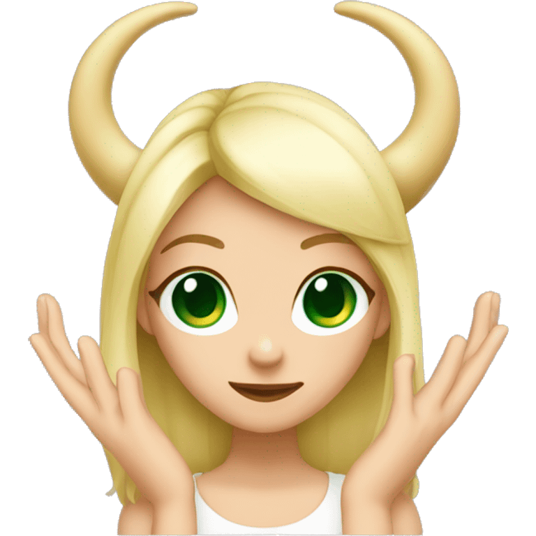 The blonde girl green eyes makes horns with her hands emoji